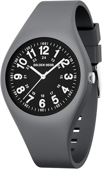 GOLDEN HOUR Waterproof Sports Analog Unisex Watches for Nurse Medical Professionals, Students - Military Time Glowing Easy to Read Dial, Jelly Silicone Strap