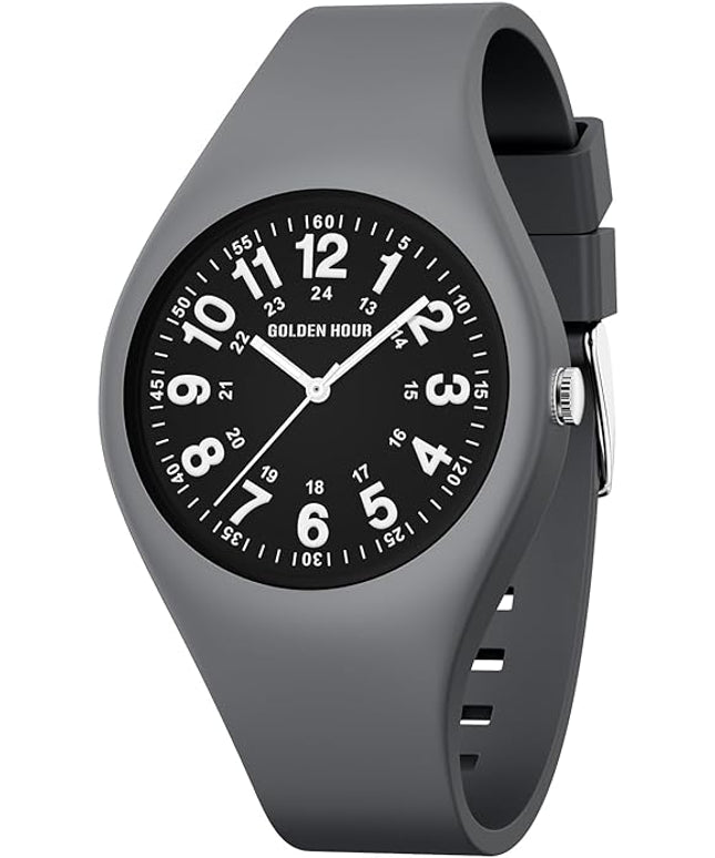 GOLDEN HOUR Waterproof Sports Analog Unisex Watches for Nurse Medical Professionals, Students - Military Time Glowing Easy to Read Dial, Jelly Silicone Strap