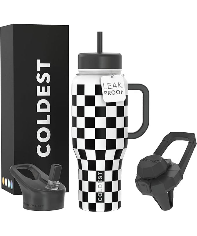 Coldest Tumbler with Handle and Straw, 100% Leak Proof Insulated Tumbler with Lid and Straw (3 Lids), Stainless Steel Tumblers for Women & Men, Cup Holder Friendly, 36 oz (Black Checkers)