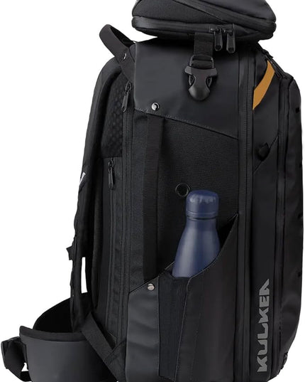 Käydä 44L Travel Backpack - Spacious Carry On Backpack with Detachable Travel Pouch, Magnetic Water Bottle Pocket, Passport and Laptop Pocket - Convertible Boot Bag for Snow Sports (Black/Gold)