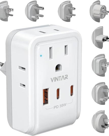 Universal Travel Adapter Kit, VINTAR PD 35W International Power Adapter with 4 AC 3 USB Ports(2 USB C), Type A,B,C,D,E/F,G,I,M Swap Adapt Attachments, Travel Adapter Worldwide for Europe/Africa/AUS