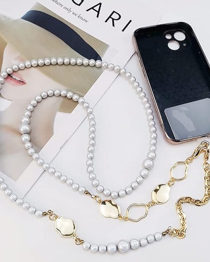 Phone Pearl Lanyard Phone Crossbody Strap,Pearl Beaded+Metal Chain with Tether Tab, Hands-Free Shoulder Cellphone Strap Compatible with Most Phones for Women (H)