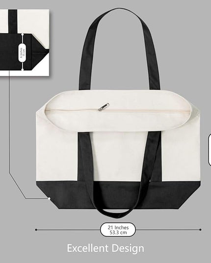 TOPDesign 6-Pack Canvas Tote Bags with an External Pocket, Reusable Grocery Shopping Bags, Top Zipper Closure, Daily Essentials (Black/Natural)