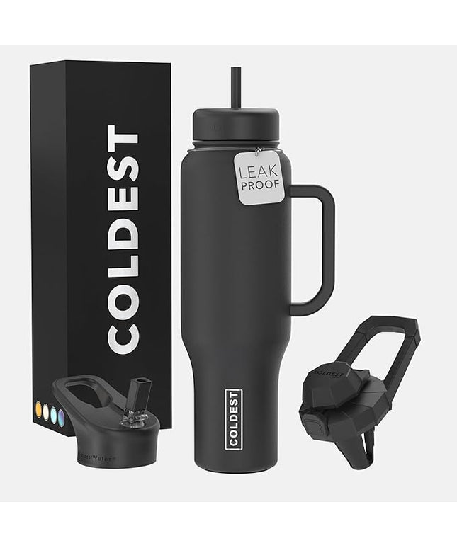Coldest Tumbler with Handle and Straw - 100% Leak Proof Insulated Tumbler with Lid and Straw (3 Lids) - Stainless Steel Tumblers for Women & Men - Cup Holder Friendly Base, 46 oz (Stealth Black)