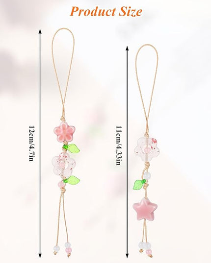 2 Pcs Flower Cute Phone Charm, Phone Chains Straps with Pink Ceramic Star Kawaii Phones Accessories Leaf Floral Wrist Lanyard Bracelet for Keys Bags Camera Pendants Decor