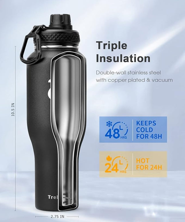 Trebo 40 oz Insulated Water Bottle that Fits in Car Cup Holder,Triple Wall Stainless Steel Water Bottles Insulated,LeakProof,Keep 48 hrs Cold & 24 hrs Hot,Metal Tumbler with Paracord Handle,Straw
