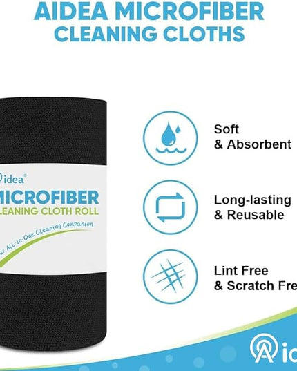 AIDEA Microfiber Cleaning Cloth Roll, 50PK, Black Microfiber Towels for Cars, Reusable Paper Towels Tear Away Cloth, Shop Rags, Lint Free Cleaning Rags for House, Kitchen, Window, 11.5"×11.5"