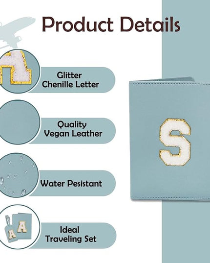 ULICO Initial Passport Cover and Luggage Tag Set,PU Leather Letter Passport Case Holder Travel Suitcase Tag, Personalized Travel Luggage Accessories Gifts for Women Kids Teenage Blue Q