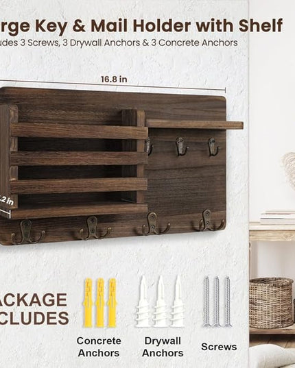 Nekon Mail Holder for Wall Mail Organizer with Key Hooks Hallway Farmhouse Decor Storage Racks with Floating Shelf and Flush Mount Hardware (16.8Inch x 10Inch x 3.2Inch)
