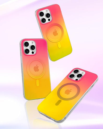Aesthetic Case for iPhone 12 Pro Max Case for Women Girls, Compatible with Magsafe, Cute Girly Trendy Glitter Sparkly Rainbow Magnetic Protective Phone Cover, Matte Iridescent Red & Yellow