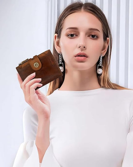 Blucoay Wallet Women,RFID Blocking Leather Womens Wallet Bifold Compact Card Holder Small Wallet for Women with Removable ID Window zsbrown