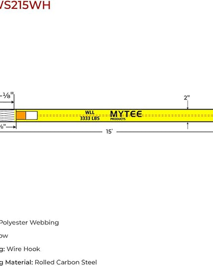 Mytee Products 2" x 15' Winch Straps w/Wire Hook - 3333lbs WLL - Yellow Heavy Duty 2 Inch Cargo Control Tie Down Straps for Flatbed Truck Utility Trailer