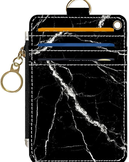 Slim Wallet Credit Card Holder, Black marble texture, RFID Wallet Women Cute Small Front Pocket Wallet With Zipper, PU Leather Thin travel RFID Blocking Card Case ID Window,Ladies Gifts