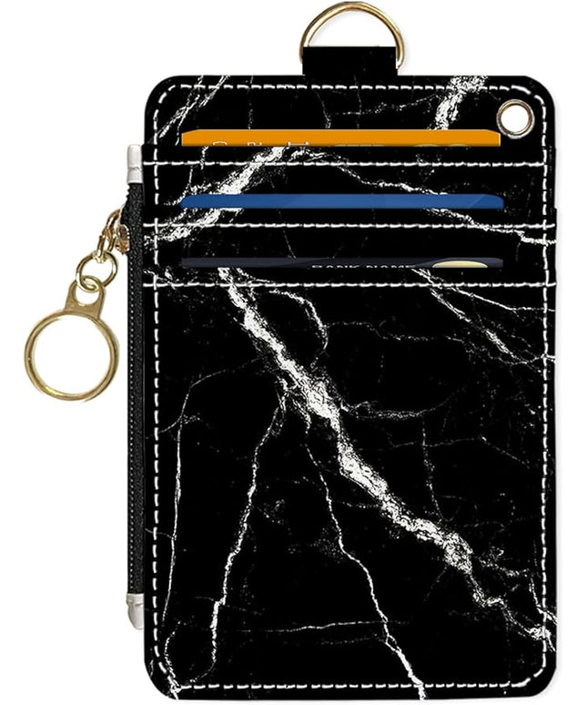 Slim Wallet Credit Card Holder, Black marble texture, RFID Wallet Women Cute Small Front Pocket Wallet With Zipper, PU Leather Thin travel RFID Blocking Card Case ID Window,Ladies Gifts