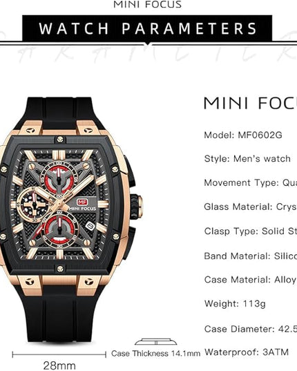 MF MINI FOCUS Men's Watch Analog Fashion Wrist Watch, Skeleton Tonneau Watch for Men with Chronograph,Ideal for Sports Enthusiasts and Daily Wear