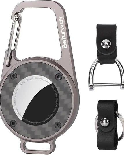 AirTag Holder Keychain - Premium Leather & Carbon Fiber Case with Secure Locking Carabiner | Compatible with Apple AirTag for Keys, Luggage, Backpacks, Bags (Gray)