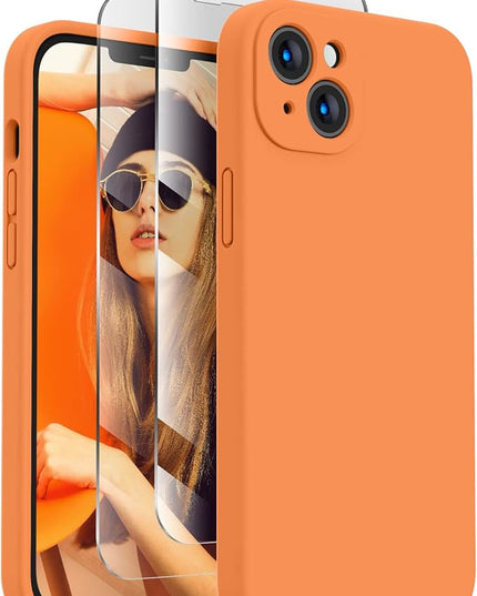 FireNova Designed for iPhone 13 Case, Silicone Upgraded [Camera Protection] Phone Case with [2 Screen Protectors], Soft Anti-Scratch Microfiber Lining Inside, 6.1 inch, Kumquat