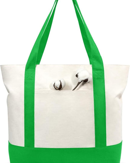 TOPDesign 6-Pack Canvas Tote Bags with an External Pocket, Reusable Grocery Shopping Bags, Top Zipper Closure, Daily Essentials (Lime Green/Natural)
