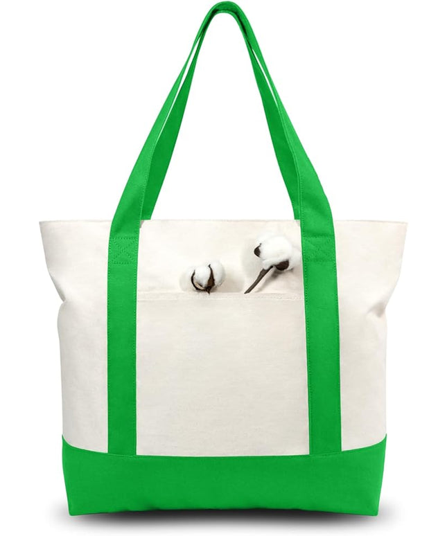 TOPDesign 6-Pack Canvas Tote Bags with an External Pocket, Reusable Grocery Shopping Bags, Top Zipper Closure, Daily Essentials (Lime Green/Natural)