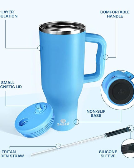 34HD 40 oz Stainless Steel Tumbler - Leakproof Insulated Water Bottle with Handle, Magnetic Lid and Flexible Straw - Iced for 48 Hours – Perfect for Men, Women, Birthday Gift, Blue - Ocean Breeze