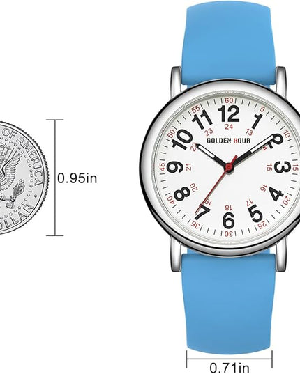 GOLDEN HOUR Waterproof Nurse Watch for Medical Professionals, Students Women Men - Military Time Luminouse Easy Read Dial, 24 Hour with Second Hand, Colorful Silicone Band