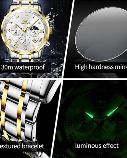 OLEVS Mens Watch Luxury Big Face Stainless Steel Analog Quartz Multifunctional Waterproof Luminous Date Two Tone Fashion Dress Wrist Watches for Man