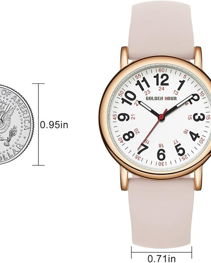 GOLDEN HOUR Waterproof Nurse Watch for Medical Professionals, Students Women Men - Military Time Luminouse Easy Read Dial, 24 Hour with Second Hand, Colorful Silicone Band