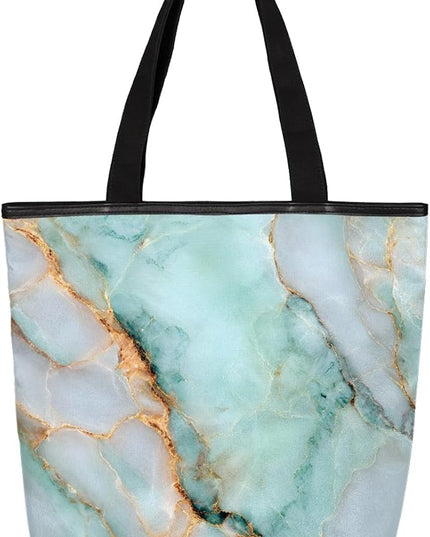 Pardick Canvas Tote Bags, Light Blue Marble Tote Bag Eco Friendly Reusable Grocery Shopping Bagsfor Beach, Books, Women with Zipper Inner Pocket