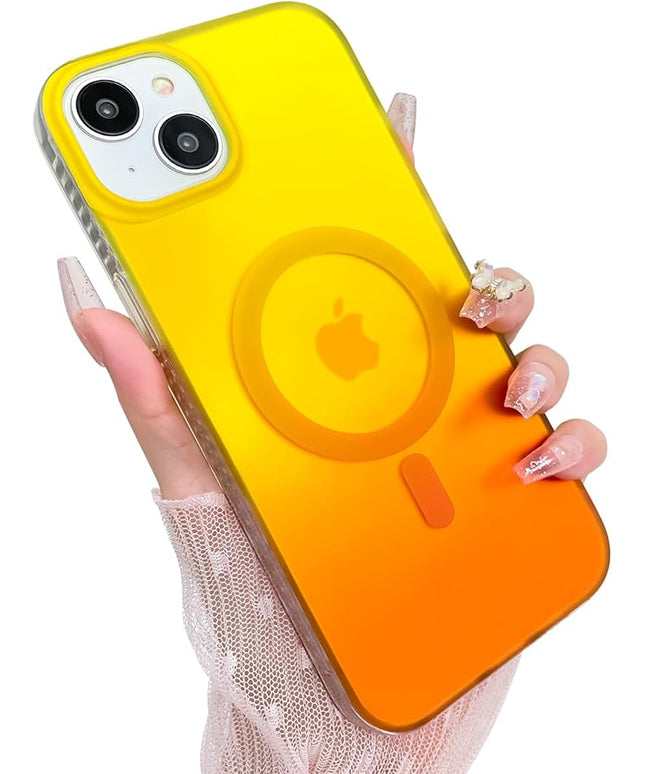 Aesthetic Case for iPhone 13 & 14 Case for Women Girls, Compatible with Magsafe, Cute Girly Trendy Glitter Sparkly Rainbow Magnetic Protective Phone Cover, Matte Iridescent Yellow & Orange