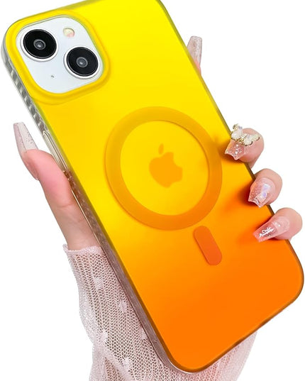 Aesthetic Case for iPhone 15 Case for Women Girls, Compatible with Magsafe, Cute Girly Trendy Glitter Sparkly Rainbow Magnetic Protective Phone Cover, Matte Iridescent Yellow & Orange