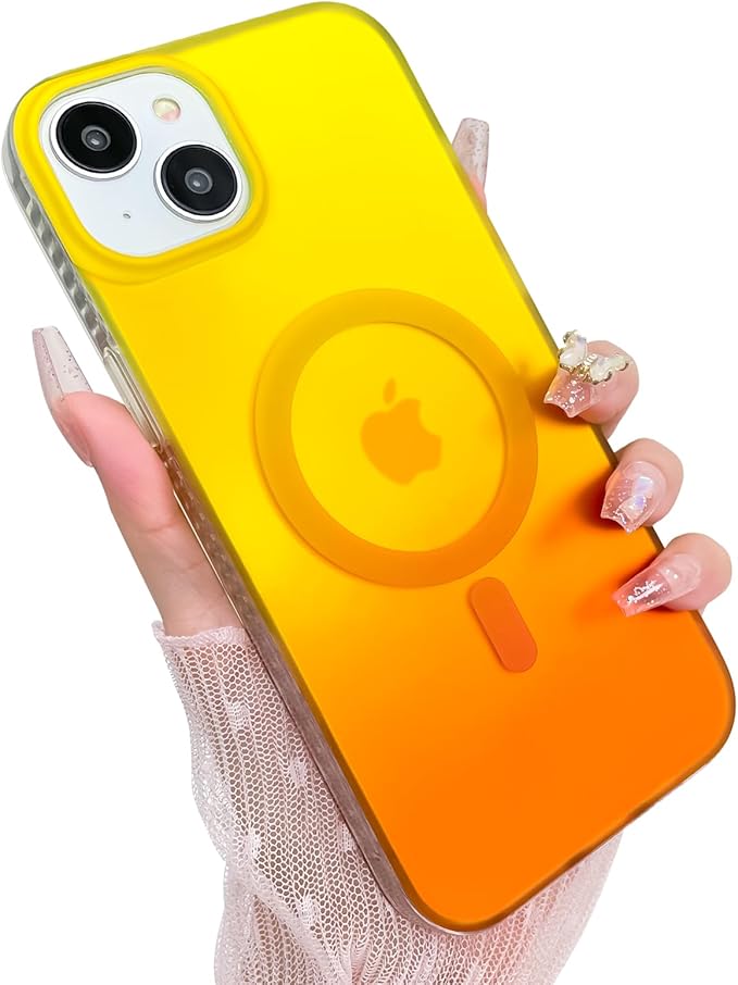 Aesthetic Case for iPhone 15 Case for Women Girls, Compatible with Magsafe, Cute Girly Trendy Glitter Sparkly Rainbow Magnetic Protective Phone Cover, Matte Iridescent Yellow & Orange