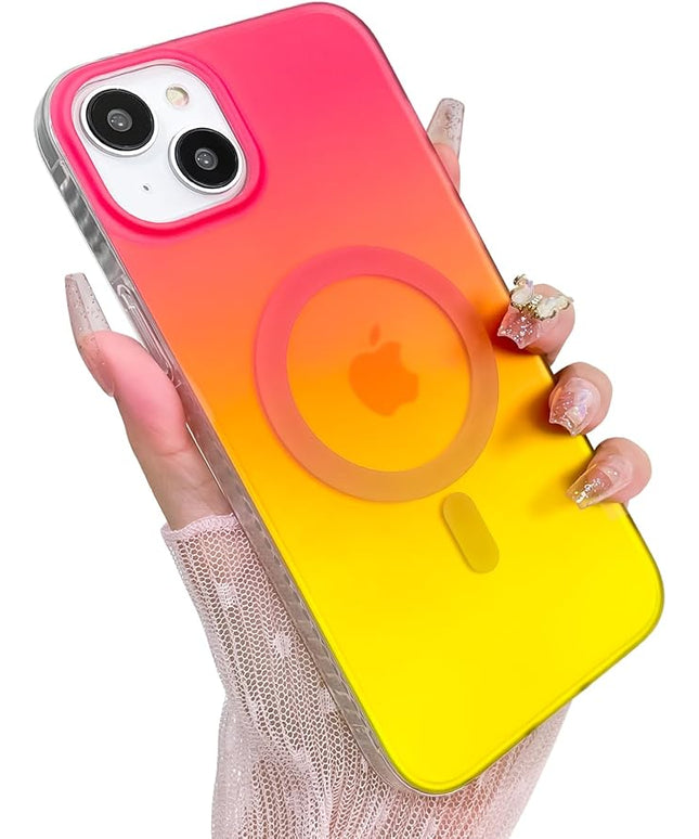 Aesthetic Case for iPhone 14 Plus & iPhone 15 Plus Case for Women Girls, Compatible with Magsafe, Cute Girly Trendy Glitter Sparkly Bling Rainbow Magnetic Phone Cover, Iridescent Red & Yellow