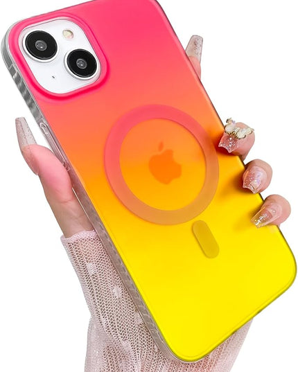 Aesthetic Case for iPhone 15 Case for Women Girls, Compatible with Magsafe, Cute Girly Trendy Glitter Sparkly Rainbow Magnetic Protective Phone Cover, Matte Iridescent Red & Yellow