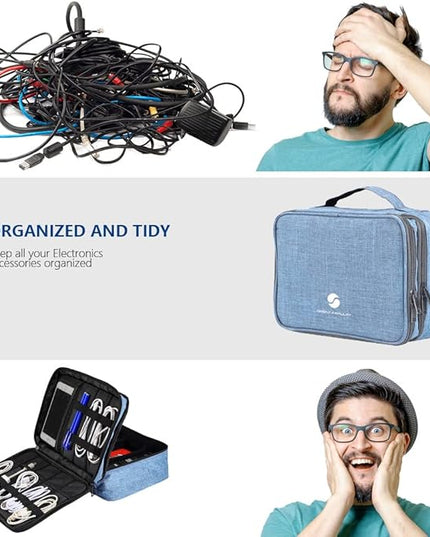 Travel Electronics Organizer, Waterproof Cable Organizer Bag for Electronic Accessories Double Layer Large Shockproof Cable Storage Bag for Cord, Power Bank, Tablet(Up to iPad 11 inch) - Denim blue