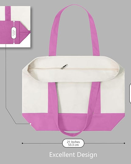 TOPDesign 6-Pack Canvas Tote Bags with an External Pocket, Reusable Grocery Shopping Bags, Top Zipper Closure, Daily Essentials (Light Purple/Natural)