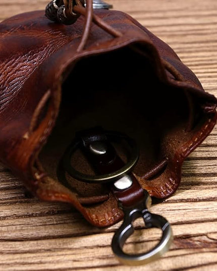Wugebud 1 Pcs Leather Mini Medieval Pouch Keychain, Coin Organizer, Change Holder, Leather Drawstring Pouch for Men & Women