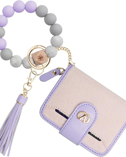 Multi-Purpose Wallet High Capacity Card Holder Zipper Coin Purse with Wristlet Bracelet Keychain Silicone Beaded Bangle Key Ring