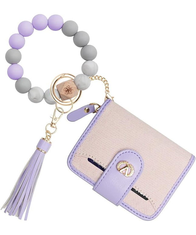 Multi-Purpose Wallet High Capacity Card Holder Zipper Coin Purse with Wristlet Bracelet Keychain Silicone Beaded Bangle Key Ring