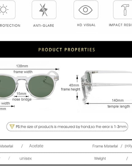 Gleyemor Vintage Polarized Sunglasses for Men Round Sunglasses UV400 Protection Retro Hand-crafted Acetate Frame