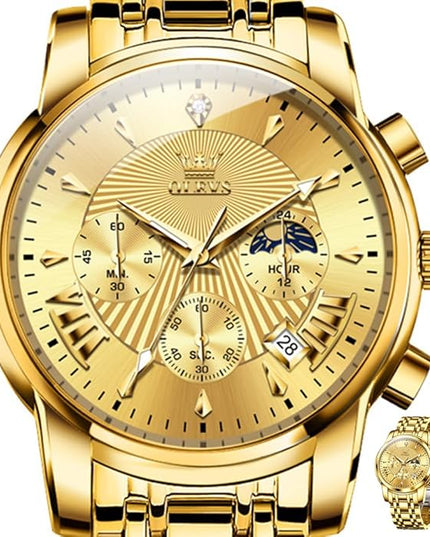 OLEVS Men's Luxury Watch Waterproof Luminous Easy Read Chronograph Watches Full Gold/White Dail/Black Face with Calendar Wristwatch