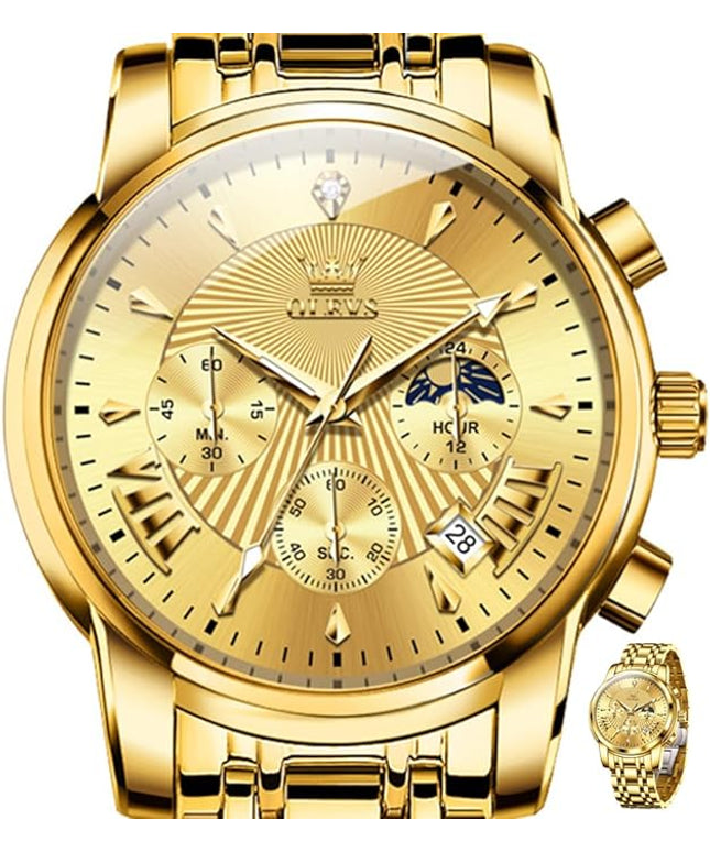 OLEVS Men's Luxury Watch Waterproof Luminous Easy Read Chronograph Watches Full Gold/White Dail/Black Face with Calendar Wristwatch