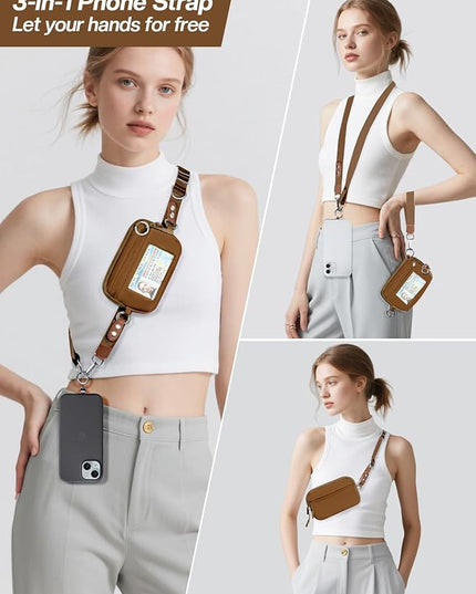 Clip and Go Strap for Phone with Wallet Crossbody Phone Lanyard Adjustable and Detachable RFID Wristlet Wallet with ID Window and Zipper, Brown Large