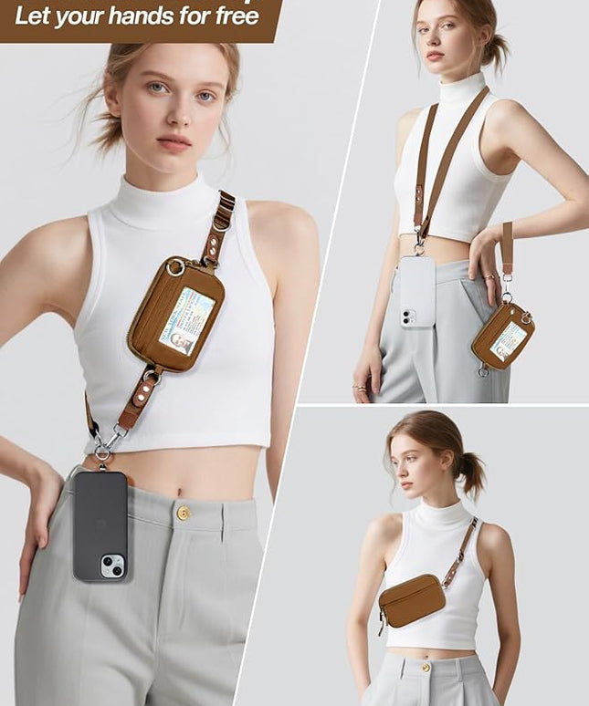 Clip and Go Strap for Phone with Wallet Crossbody Phone Lanyard Adjustable and Detachable RFID Wristlet Wallet with ID Window and Zipper, Brown Large