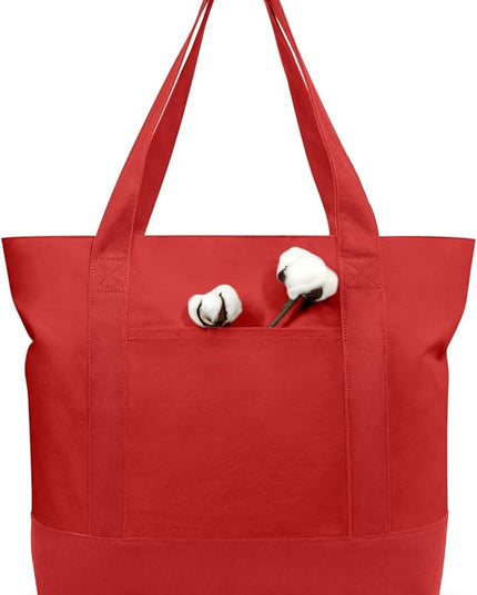 TOPDesign 3-Pack Canvas Tote Bags with an External Pocket, Reusable Grocery Shopping Bags, Top Zipper Closure, Daily Essentials (Red)