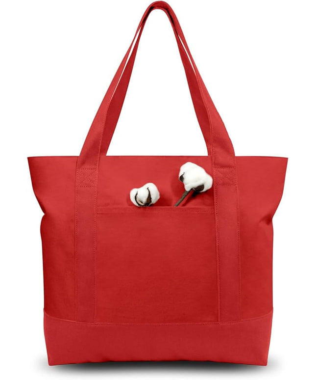 TOPDesign 6-Pack Canvas Tote Bags with an External Pocket, Reusable Grocery Shopping Bags, Top Zipper Closure, Daily Essentials (Red)
