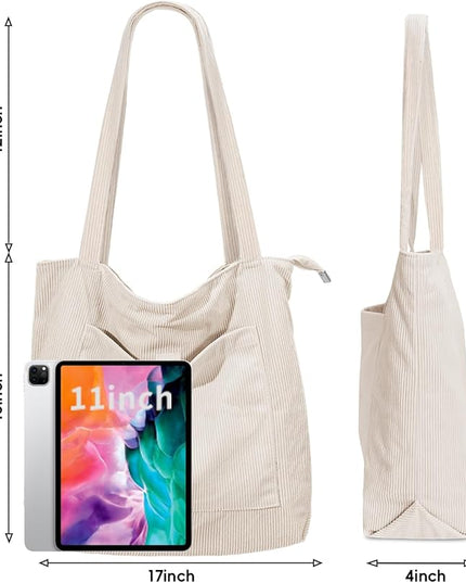 Iioscre Corduroy Tote Bag for Women,Hobo HandBags with Zipper,Large Capacity Casual Shoulder Handbags with Inner Pockets