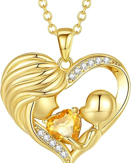 FANCIME Mom Birthstone Necklace Mother and Child Love Heart Necklace I Love You Mom Gifts Mothers Day Birthstone Jewelry Gifts for Grandmother Women Wife, 16"+2" Inches