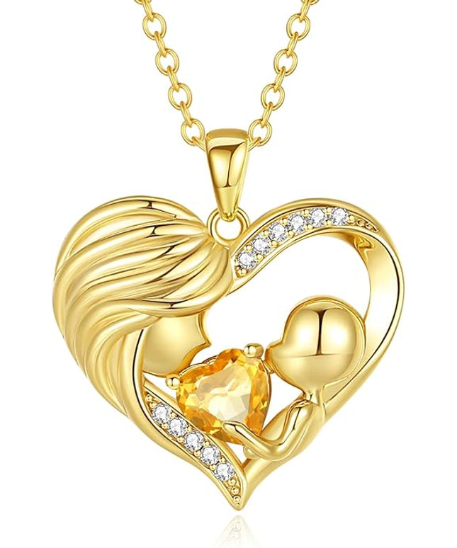 FANCIME Mom Birthstone Necklace Mother and Child Love Heart Necklace I Love You Mom Gifts Mothers Day Birthstone Jewelry Gifts for Grandmother Women Wife, 16"+2" Inches