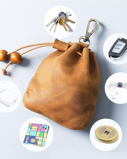 Wugebud 1 Pcs Leather Mini Medieval Pouch Keychain, Coin Organizer, Change Holder, Leather Drawstring Pouch for Men & Women
