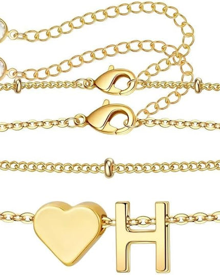 M MOOHAM Valentines Day Gifts for Kids Teen Girls -14K-Gold-Plated Heart Initial A-Z Bracelets for Women Girl Dainty Gold Bracelets Birthday Valentines Gifts for Women Her Teenage Girls Kid Teen Gift